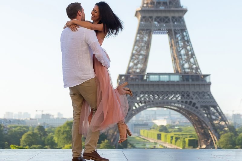 Romantic Paris Engagement Couple Photos at Trocadero with Eiffel Tower background - Paris Photographer